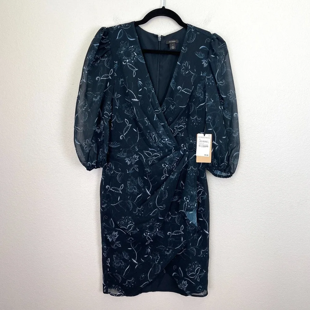 NEW $99 Halogen Womens Small Faux Wrap Floral Dress Chiffon In Bali Black‎